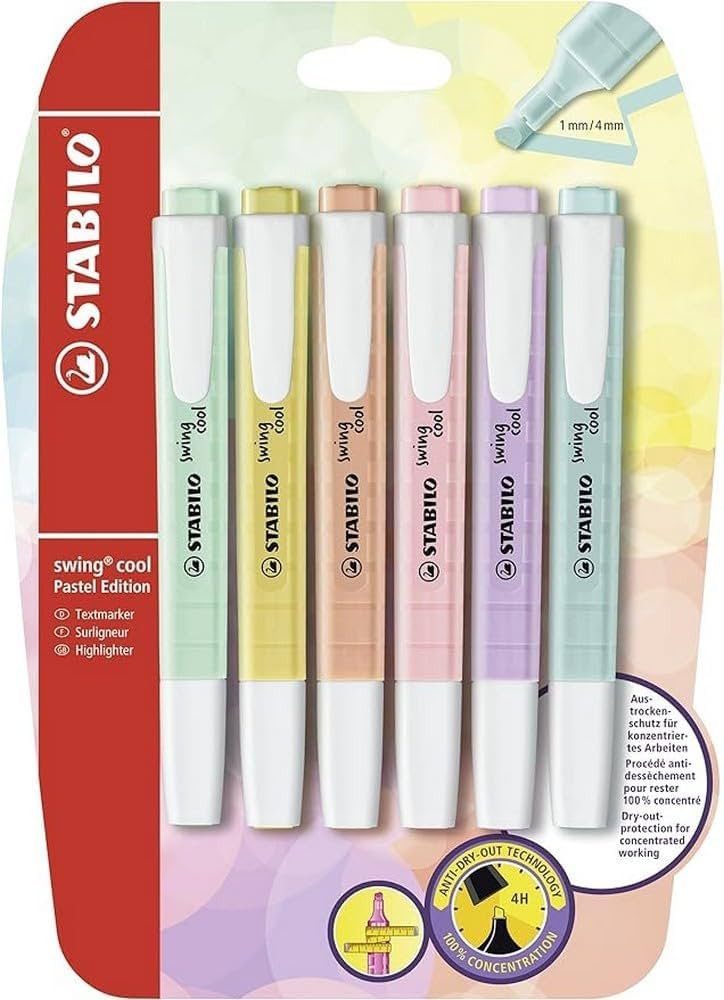 Highlighter - STABILO swing cool Pastel - Pack of 6 - Assorted Colours | Amazon (UK)