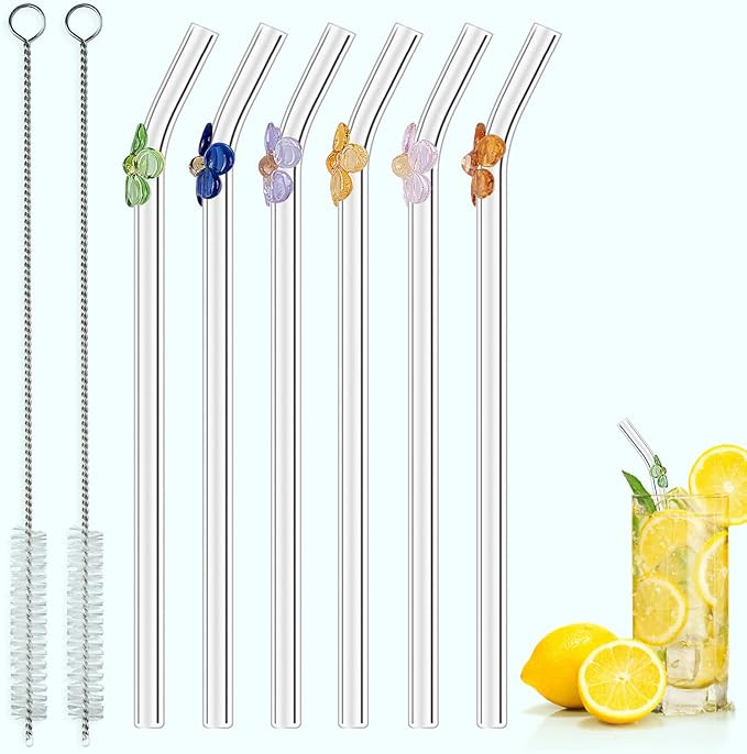 6 Pcs Reusable Straws,Clear Drinking Straws with Colorful Flower, Glass Straws Shatter Resistant ... | Amazon (US)