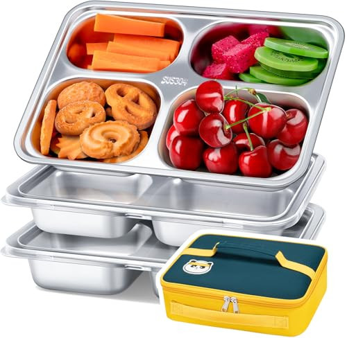 KTKUDY 3 Pack Stainless Steel Snack & Lunch Containers for Kids & Adults - with Plastic Lids & Lunch Bag - 4 Compartments Metal Bento Lunch Box - Meal Prep Containers - Toddler & Kids Plates | Amazon (US)