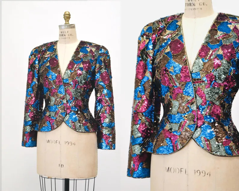 90s Stunning Sequin Jacket Brown Purple Blue Floral Jacket Small // Vintage Sequin Jacket Wedding... | Etsy (US)