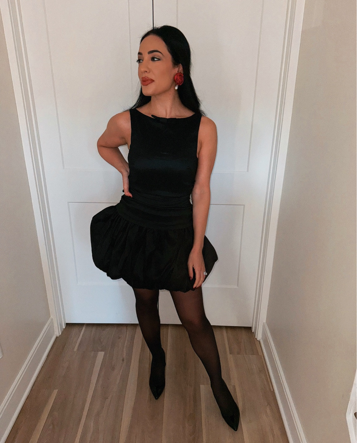 Love this look for the holidays… an LBD mini with sheer black tights! 🥀 ♥️ Peep the 3D rose earrings for that pop of color🌹 

#LTKHoliday #LTKStyleTip #LTKSeasonal