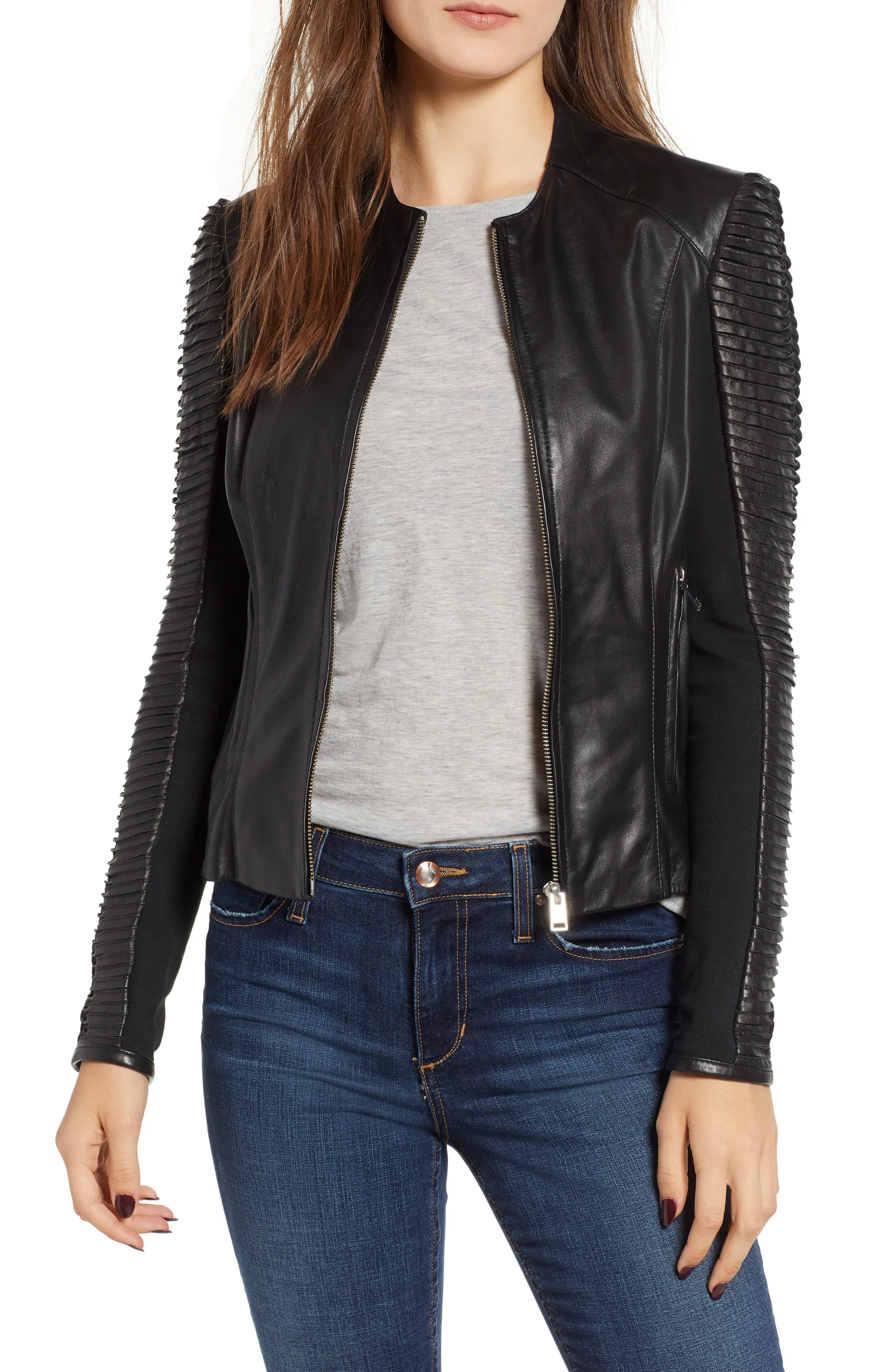 Women's Lamarque Collarless Pleated Sleeve Leather Jacket, Size X-Small - Black | Nordstrom