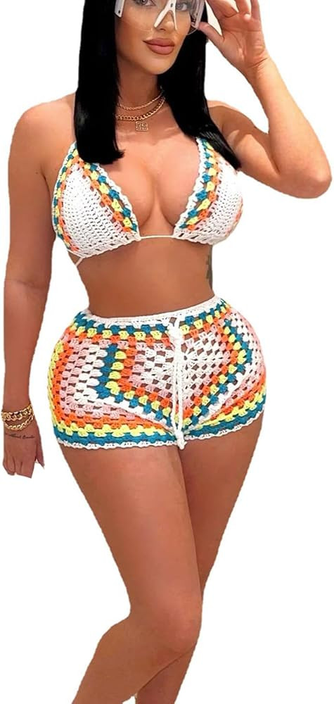 Bluewolfsea Women Sexy Beach Coverups Summer 2 Piece Outfits Crochet Mesh Fishnet Bikini Top and ... | Amazon (US)