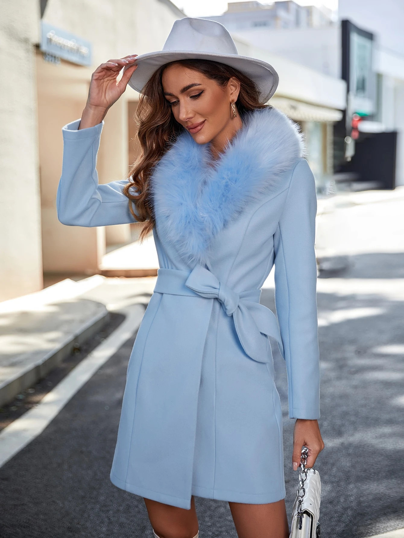 Contrast Fuzzy Collar Belted Overcoat | SHEIN