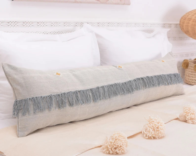 Light Gray Cactus Silk 12"x47" Lumbar Throw, Oversized Moroccan Sabra Cushion Cover with Fringe, ... | Etsy (US)