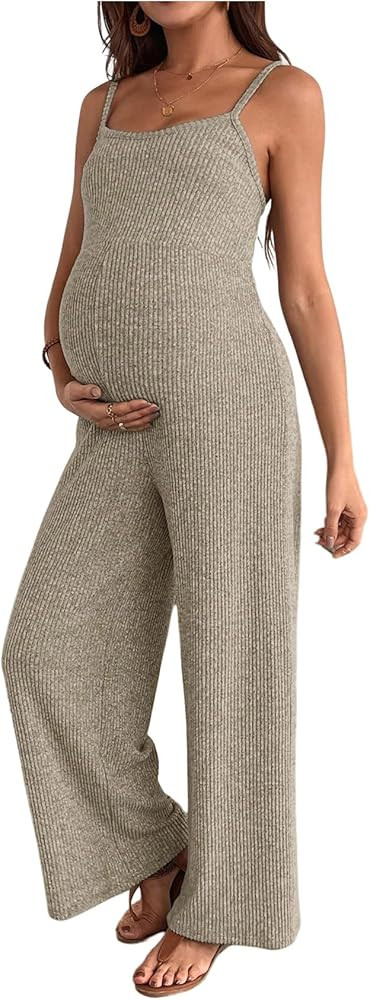 MakeMeChic Women's Maternity Cami Jumpsuit Spaghetti Strap Rib Wide Leg Pregnancy Overalls Romper | Amazon (US)