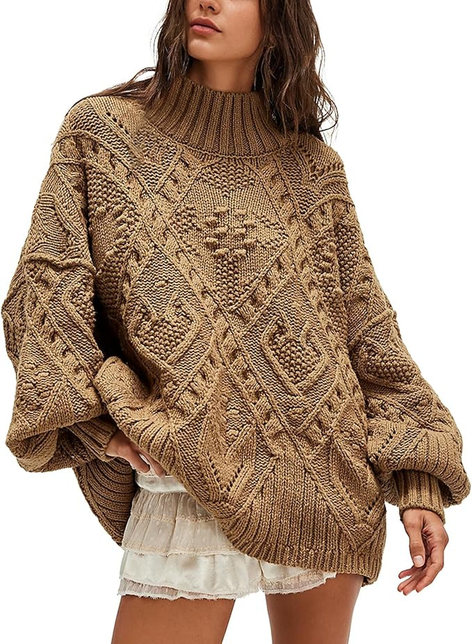 Hixiaohe Womens Sweaters Trendy Turtleneck Crochet Top Oversized Long Sleeve Chunky Knit Pullover... | Amazon (US)