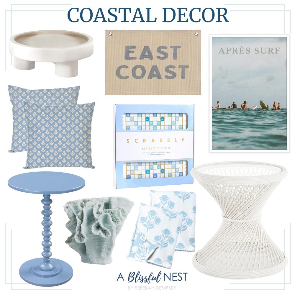 Easy decor pieces that instantly freshen a room. Find them here.
marble serving tray, east coast sign, après surf art print, blue floral print throw pillows, scrabble Bianco edition game, light blue side table, light blue ruffled decor, blue floral print throw blanket, white hourglass side table #LTKFindsUnder50 #LTKFindsUnder100 

 #LTKHome