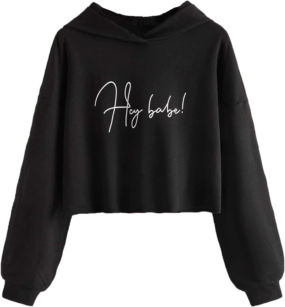 SweatyRocks Women's Casual Long Sleeve Crop Top Sweatshirt Drawstring Hoodies Pullover Letter Bla... | Amazon (US)