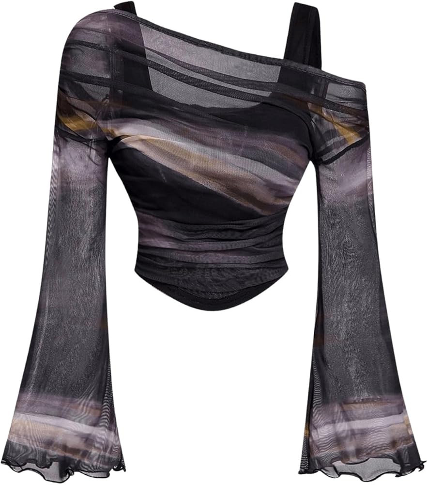 Verdusa Women's Y2k Off Shoulder Tops Tie Dye Mesh Long Flared Sleeve Ruched Crop Shirt Top | Amazon (US)