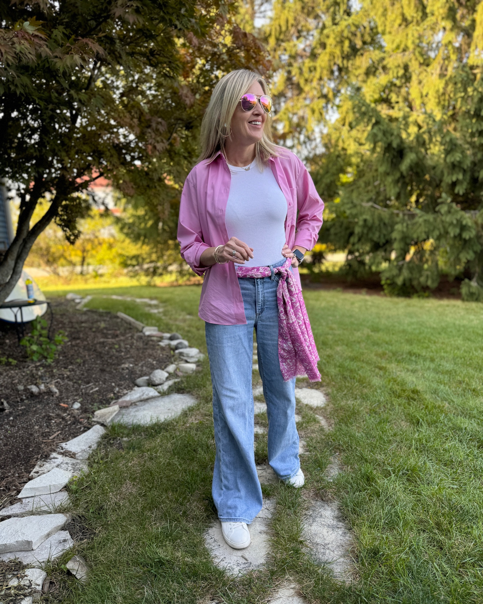 Casual fall outfit. Breast cancer awareness scarf. Wearing a size 6 in the button-up and 00 in the wide leg jeans. 
#falloutfits #breastcancerawareness #fashionover40 #pinkscarf

#LTKfindsunder100 #LTKSeasonal #LTKover40
