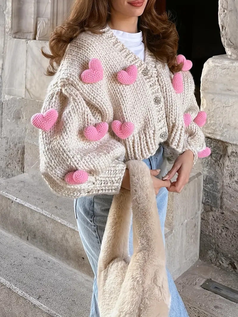 Fastest delivery: 4 business daysCute Knitted 1pc Cardigan - Handmade Heart Poms, Rhinestone Butt... | Temu Affiliate Program