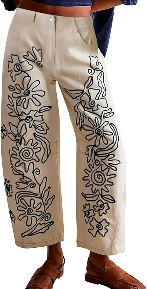 Kedera Mid Rise Barrel Jeans for Women Embroidered Wide Leg Denim Pants Baggy Boyfriend Jeans wit... | Amazon (US)