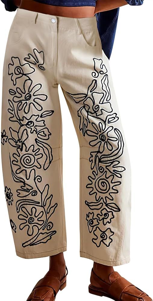 Kedera Mid Rise Barrel Jeans for Women Embroidered Wide Leg Denim Pants Baggy Boyfriend Jeans wit... | Amazon (US)