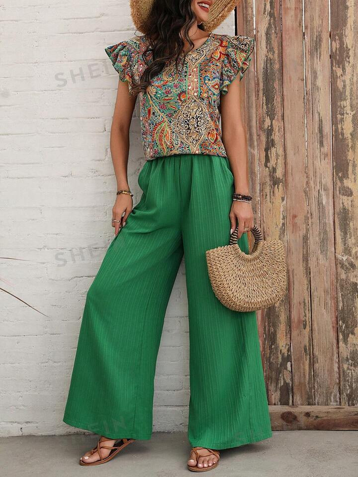 SHEIN LUNE Ladies' Plant Pattern Printed Flying Sleeve Top And Pants Set | SHEIN USA | SHEIN