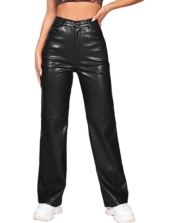 MakeMeChic Women's Faux Leather Pants Straight Wide Leg Leather Pants | Amazon (US)
