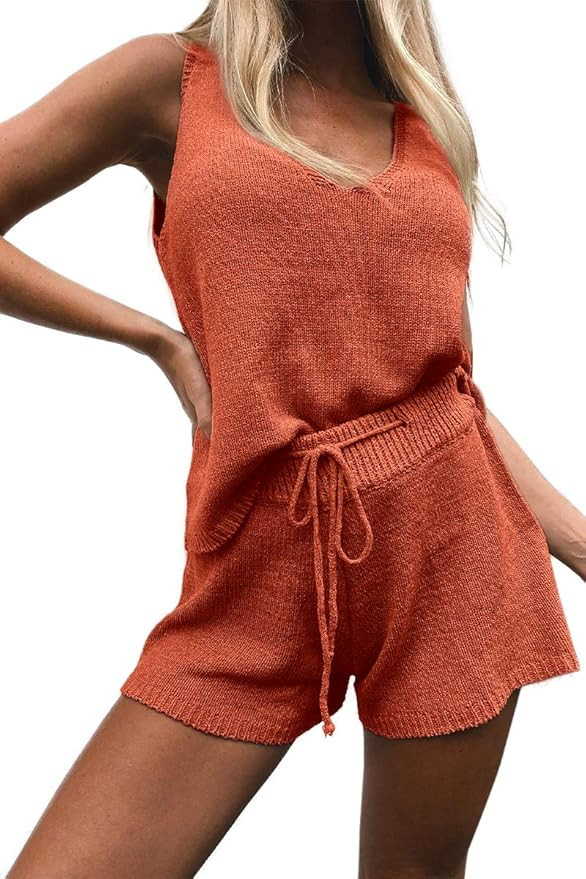 Women's Summer Lounge Sets Knit 2 Piece Outfits Tank Tops and Shorts Loungewear | Amazon (US)