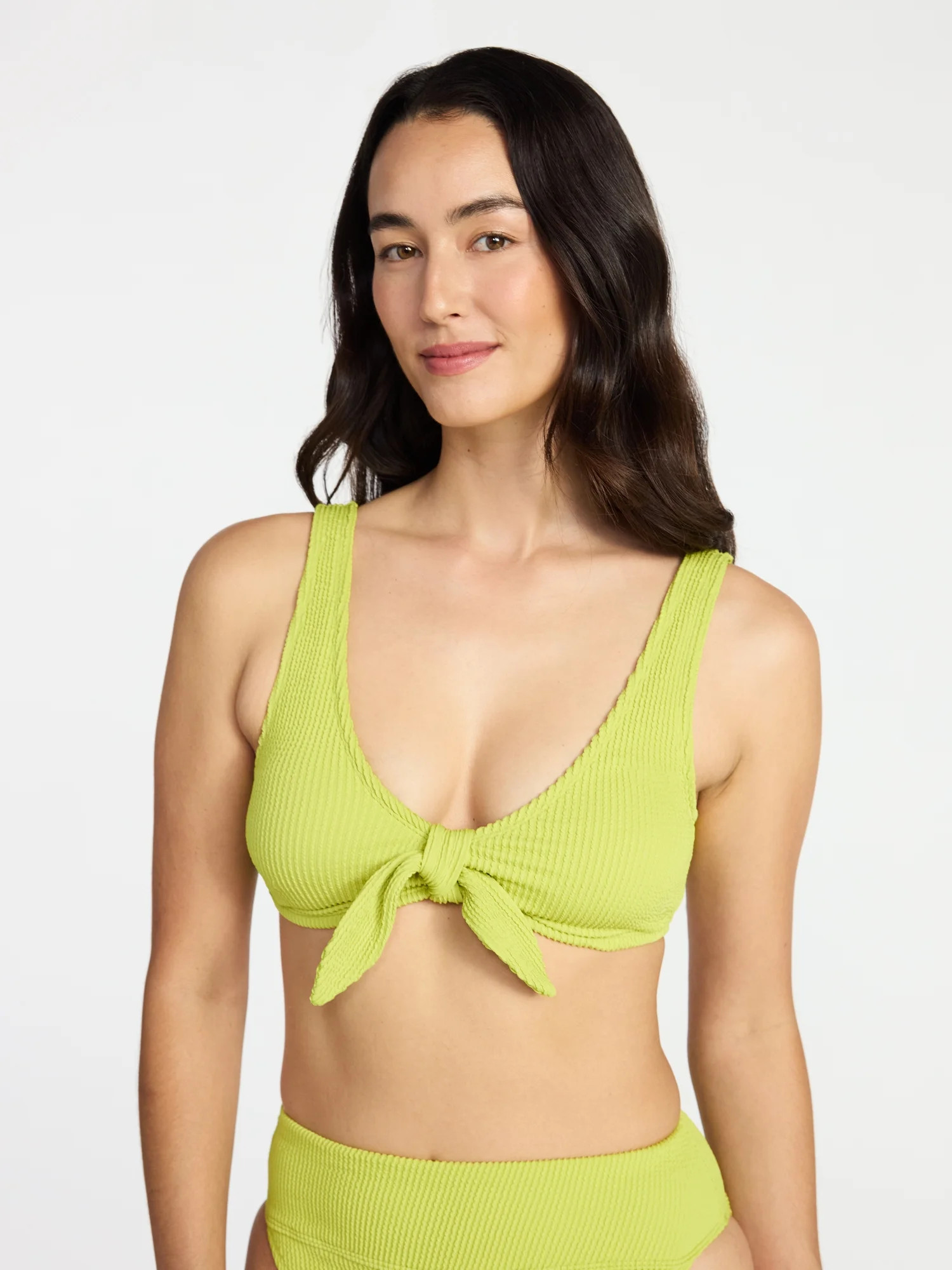 Time and Tru Women's and Women's Plus Crinkle Plunge Tie Front Bikini Top, Sizes XS-3X | Walmart (US)