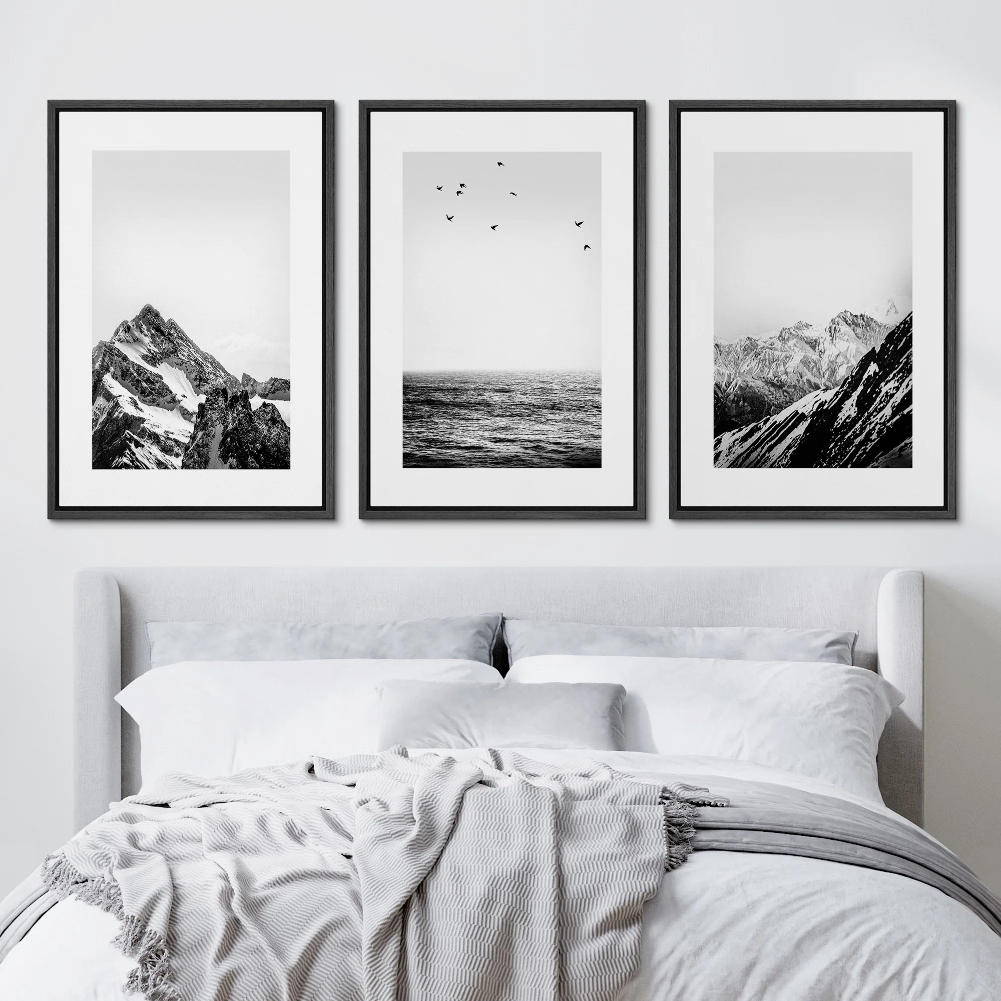 IDEA4WALL Coastal Beach Black White Photo Snowy Winter Mountain Neutral Pictures Framed Canvas 3 ... | Wayfair North America