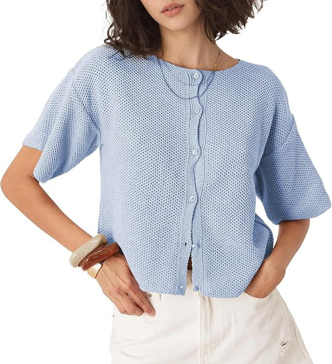 Ainangua Womens Casual Cardigan Summer Short Sleeve Crew Neck Button Down Knit Sweater Tops Light... | Amazon (US)