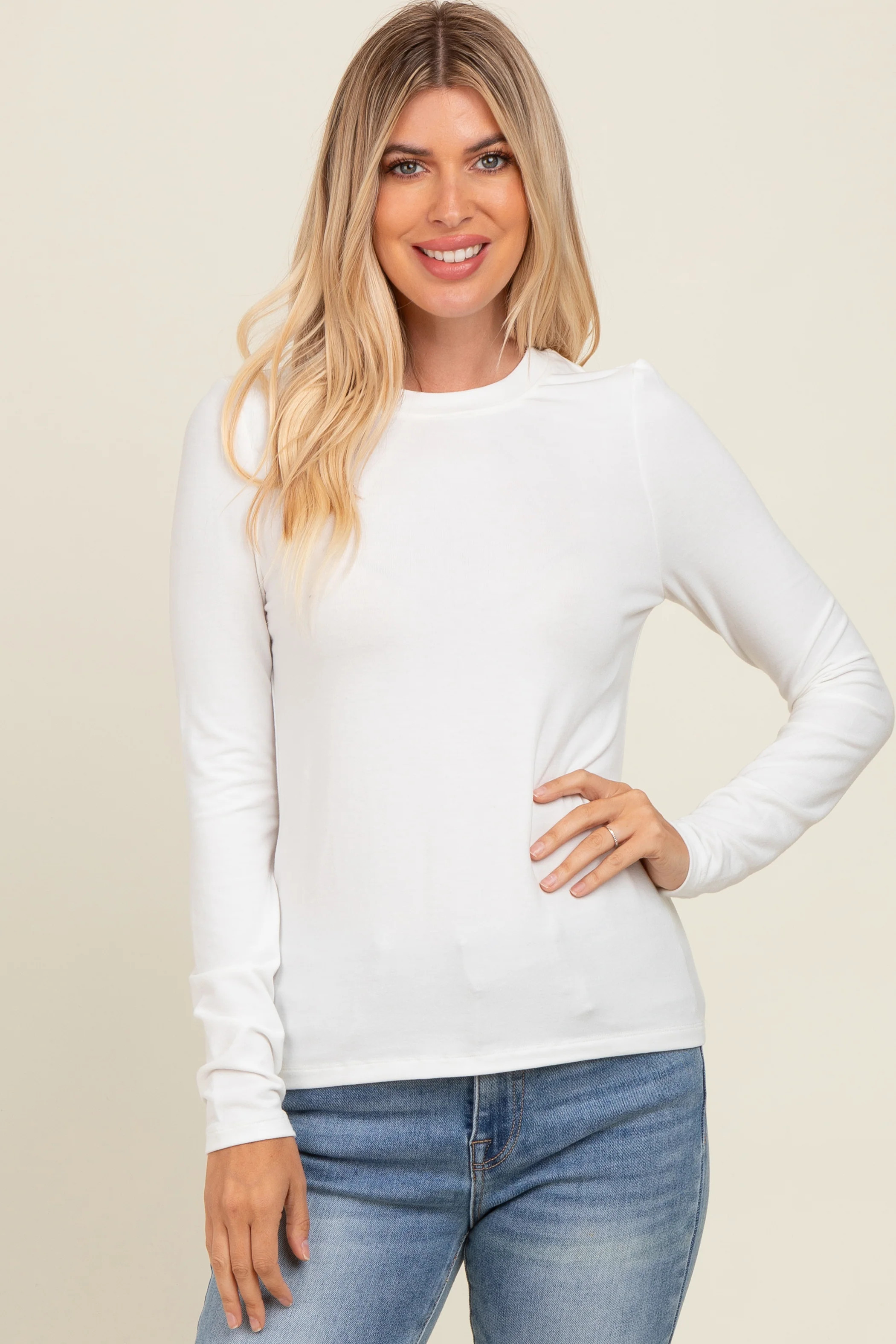 White Basic Fitted Long Sleeve Top | PinkBlush Maternity
