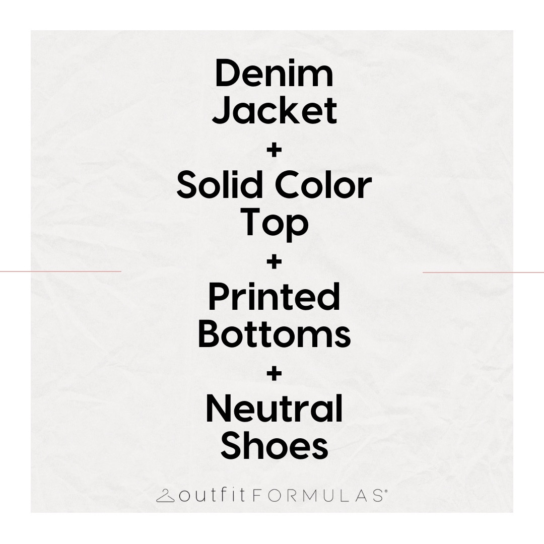 Need an outfit idea to style tomorrow? Check out this formula:
Denim Jacket + Solid Color Top + Printed Bottoms + Neutral Shoes

📸 Snap a selfie and tag us in your version of this look.

WHAT IS AN OUTFIT FORMULA?
Much like combining the ingredients from a recipe to create a meal, an Outfit Formula is a combination of pieces to create a complete look. It’s like meal planning for your closet!

The beauty of a formula is you can adapt it to suit you own lifestyle, climate, colors, style, budget, and body shape. It's not about matching the pictured examples exactly, use the clothes you already own to make the look uniquely yours. The examples pictured here are just the tip of the iceberg!

How would you adapt this formula to work for you? 🤔

READY FOR MORE?
Take our outfit quiz at outfitformulas.com/quiz

#LTKstyletip #LTKover40 #LTKfindsunder50