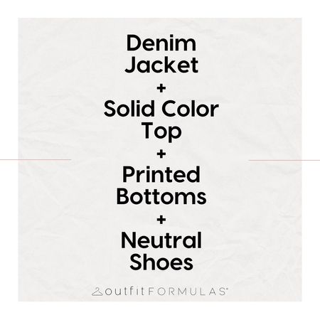 Need an outfit idea to style tomorrow? Check out this formula:
Denim Jacket + Solid Color Top + Printed Bottoms + Neutral Shoes

📸 Snap a selfie and tag us in your version of this look.

WHAT IS AN OUTFIT FORMULA?
Much like combining the ingredients from a recipe to create a meal, an Outfit Formula is a combination of pieces to create a complete look. It’s like meal planning for your closet!

The beauty of a formula is you can adapt it to suit you own lifestyle, climate, colors, style, budget, and body shape. It's not about matching the pictured examples exactly, use the clothes you already own to make the look uniquely yours. The examples pictured here are just the tip of the iceberg!

How would you adapt this formula to work for you? 🤔

READY FOR MORE?
Take our outfit quiz at outfitformulas.com/quiz

#LTKstyletip #LTKover40 #LTKfindsunder50