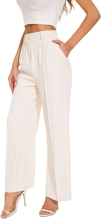 FUNYYZO Wide Leg Pants Women's High Elastic Waisted in The Back Business Work Trousers Long Strai... | Amazon (US)