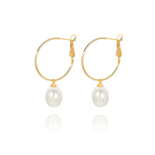 PEARLADA Gold Plated Huggie Hoop Earrings with Charms Fashion Pearl Drop Dangle Earrings for Women Handmade Karma Circle Jewelry for Ladies Lightweight Pearl Earrings on Christmas | Amazon (US)