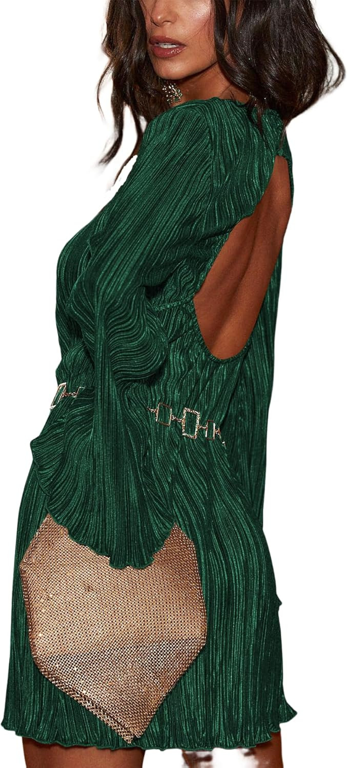 Yanfoam Women's Summer Casual Wedding Guest Dress Long Sleeve Crewneck Pleated Ruffle Flowy Mini ... | Amazon (US)