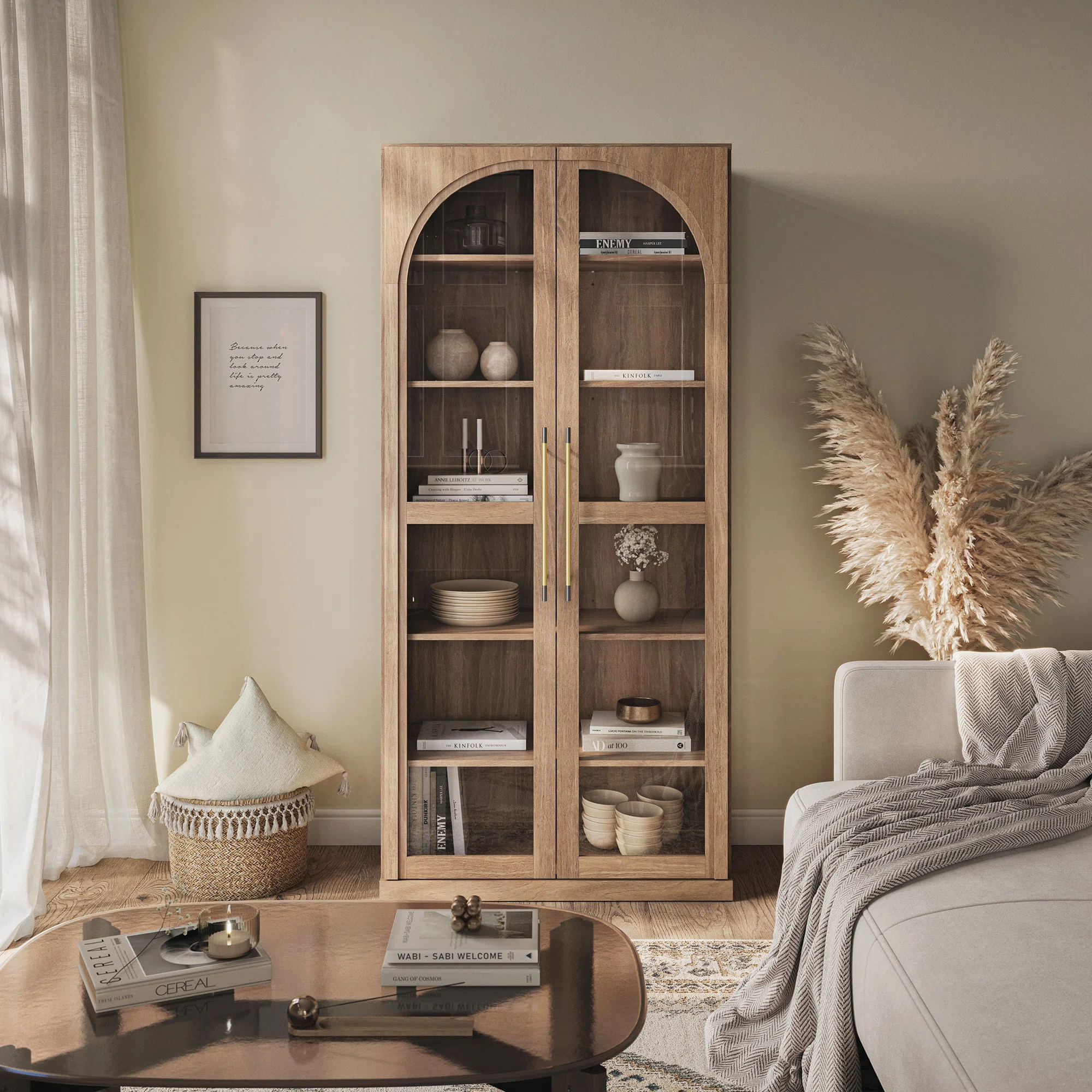 67" Storage Cabinet, 6 Shelf Glass Bookshelf, Camel | Wayfair North America