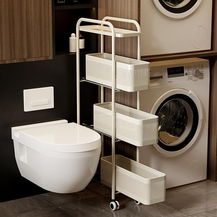 Slim Storage Cart 4 Tier with Pull Out Metal Basket Bathroom Organizer Rolling cart, Installation... | Amazon (US)