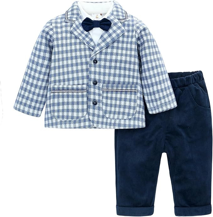 Toddler Boy Plaid Tuxedo Shirt + Pants + Suit Coat Gentleman Outfit Baby Formal Suits | Amazon (US)