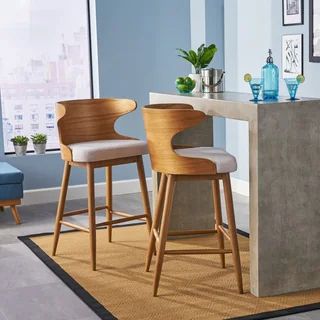 Kamryn Mid-century Modern Upholstered Bar Stools (Set of 2) by Christopher Knight Home (Light Beige) | Bed Bath & Beyond