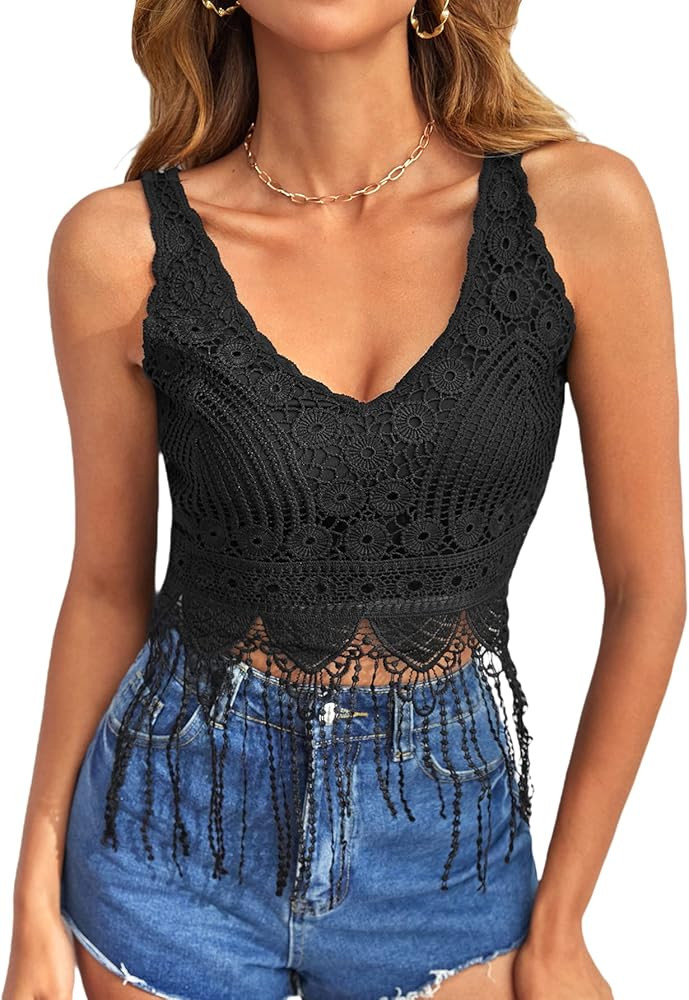Verdusa Women's Guipure Lace Fringe Hem V Neck Sleeveless Crop Tank Top | Amazon (US)