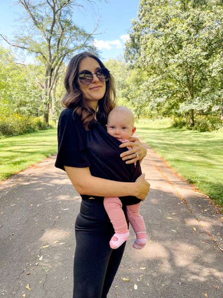 Black crop top from Amazon fits tts & is super comfortable. Black high waisted leggings from Express fit tts. Baby K’tan wrap is super easy to use and comfy to wear. 

#LTKfindsunder50 #LTKfindsunder100 #LTKbaby