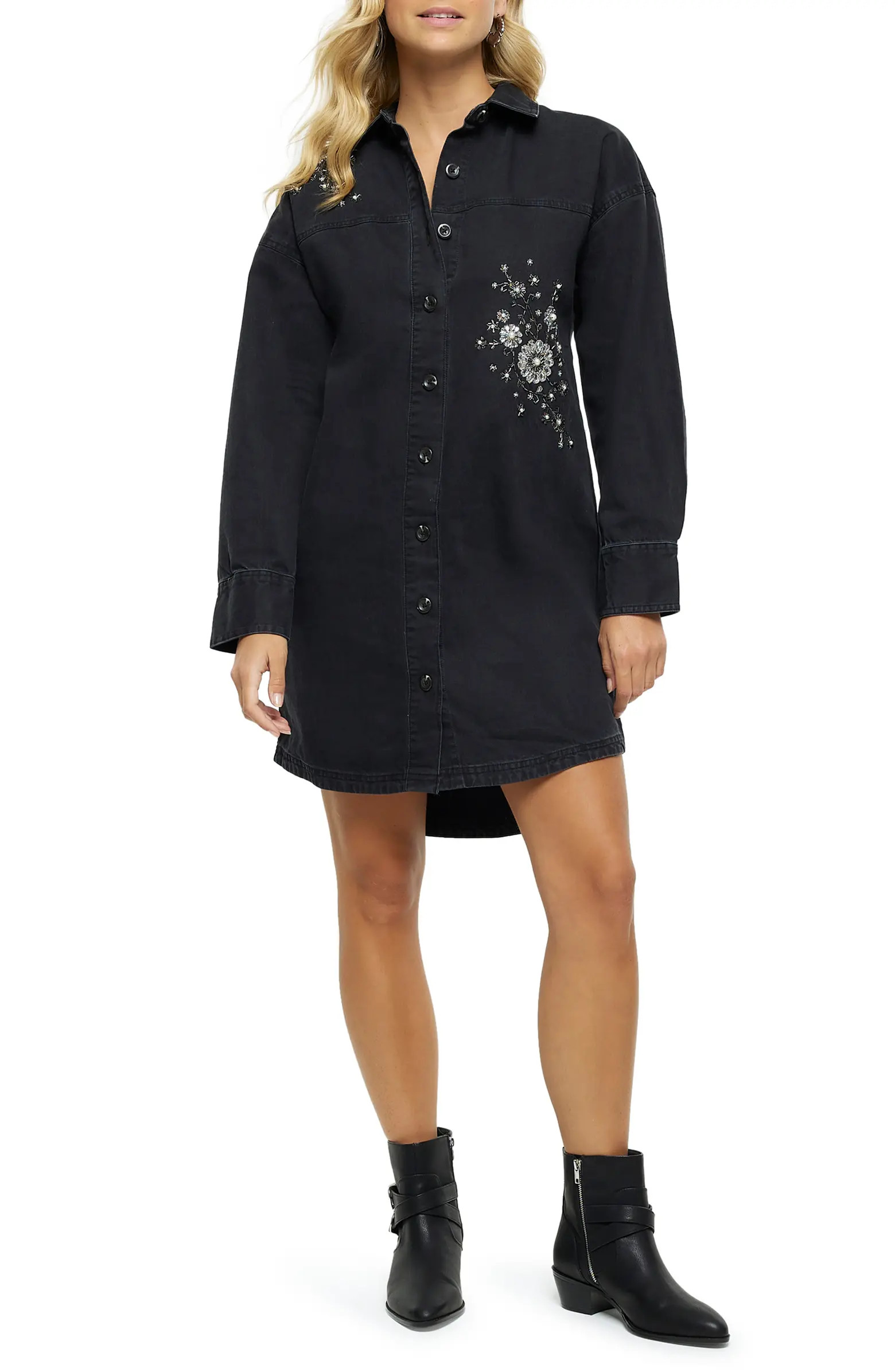 River Island Embellished Floral Long Sleeve Cotton Shirtdress | Nordstrom | Nordstrom