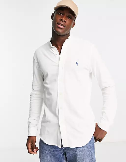 Polo Ralph Lauren slim fit pique band collar shirt with pony logo in white | ASOS (Global)