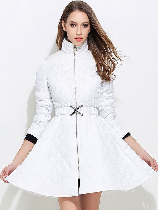 Women's White Coat Quilted Long Sleeve Belted Slim Fit Dress Coat For Winter | Milanoo