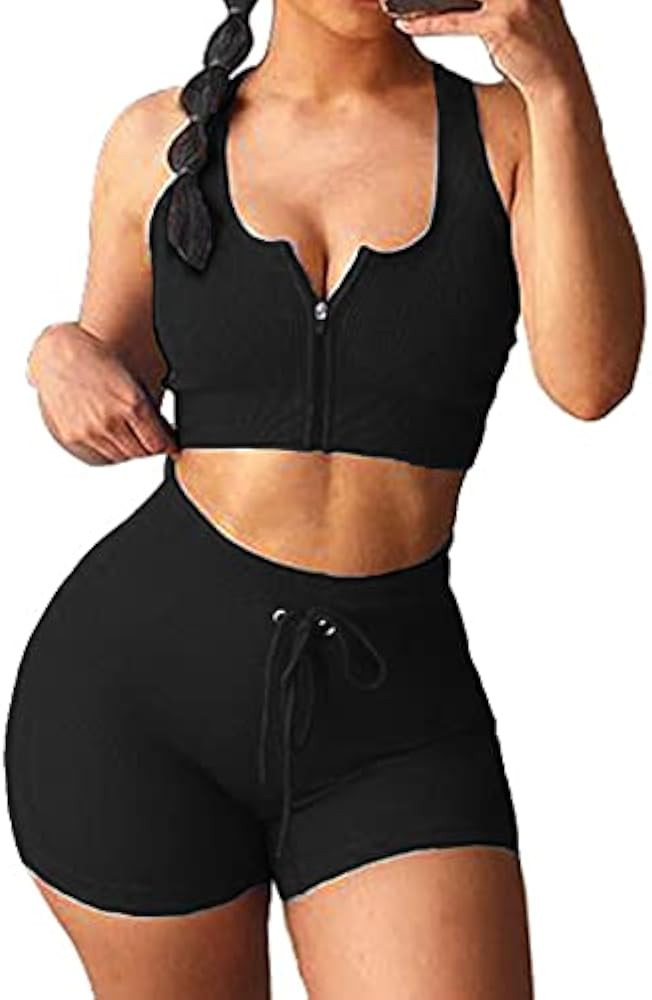 Meyeeka Women's 2 Piece Ribbed Seamless Workout Sets Short Sleeve Crop Top Drawstring Yoga Outfits S | Amazon (US)