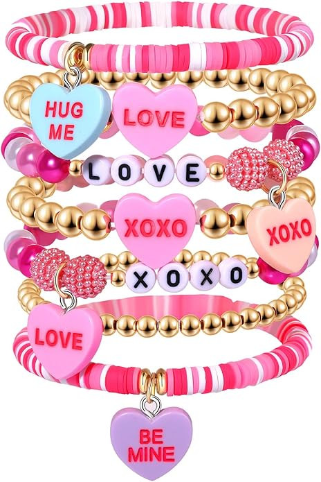 Beaded Heishi Hot Pink Bracelet Stackable Valentine's Day Beaded XOXO Love Heart Charm Stretch Br... | Amazon (US)
