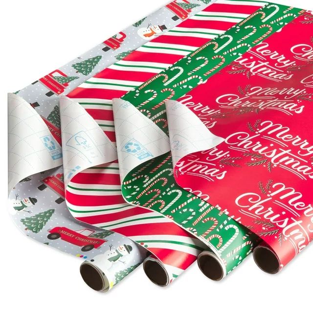 Holiday Time 30" Christmas Wrapping Paper, Snowmen, Stripes, Candy Canes and Festive Script with ... | Walmart (US)