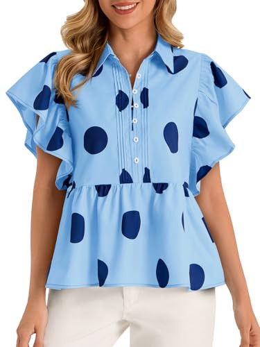 Cicy Bell Womens Polka Dot Babydoll Tops Peplum Ruffle Cap Sleeve Blouses Summer Casual Half Button Up Shirts Blue | Amazon (US)