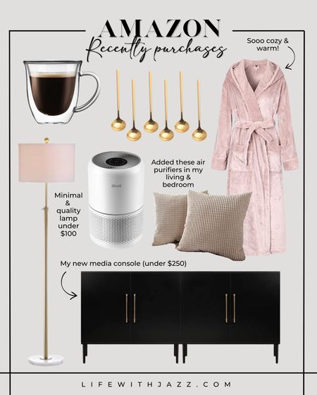 Amazon recent purchases— love these !!

Coffee glass mug
Robe 
Black media console cabinet with storage 
Gold lamp 
Air purifier 
Gold spoon

#LTKhome #LTKunder100