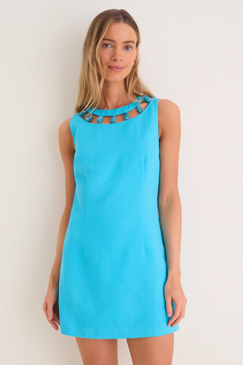 Aqua Linen Beaded Dottie Mini Dress | Tuckernuck (US)