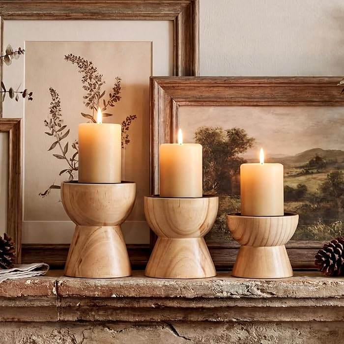 Mifoci Farmhouse Wooden Candle Pillar Holders Set of 3, Rusitc Brown Candle Holders for LED Flame... | Amazon (US)