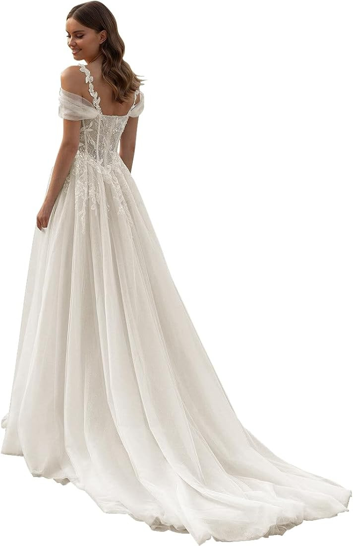 Lace Applique Wedding Dresses for Brides 2025 Spaghetti Strap V Neck Long Tulle Bridal Gown for W... | Amazon (US)