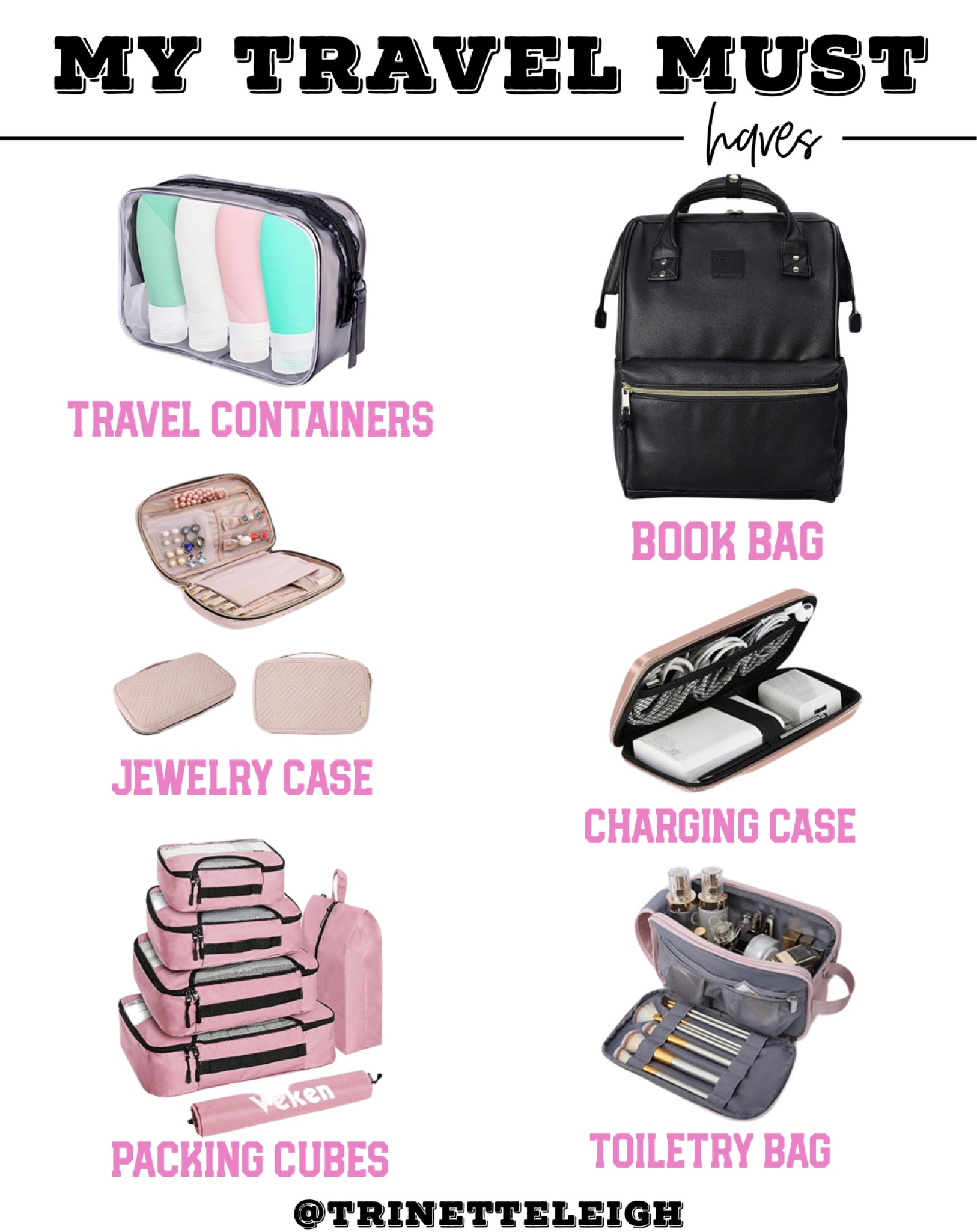 My travel must haves. Travel containers. Book bag. Diaper bag. Charging case. Jewelry case. Packing cubes. Toiletry bag.

#LTKunder50 #LTKitbag #LTKtravel