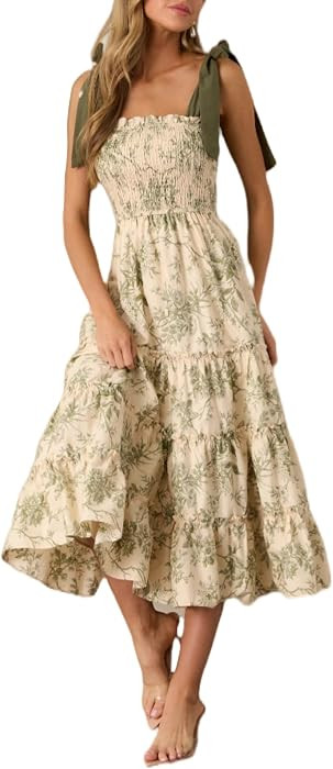 Women Boho Floral Tie Shoulder Maxi Dress Flowy Patchwork Smocked Long Sundresses Summer Ruffle Y... | Amazon (US)