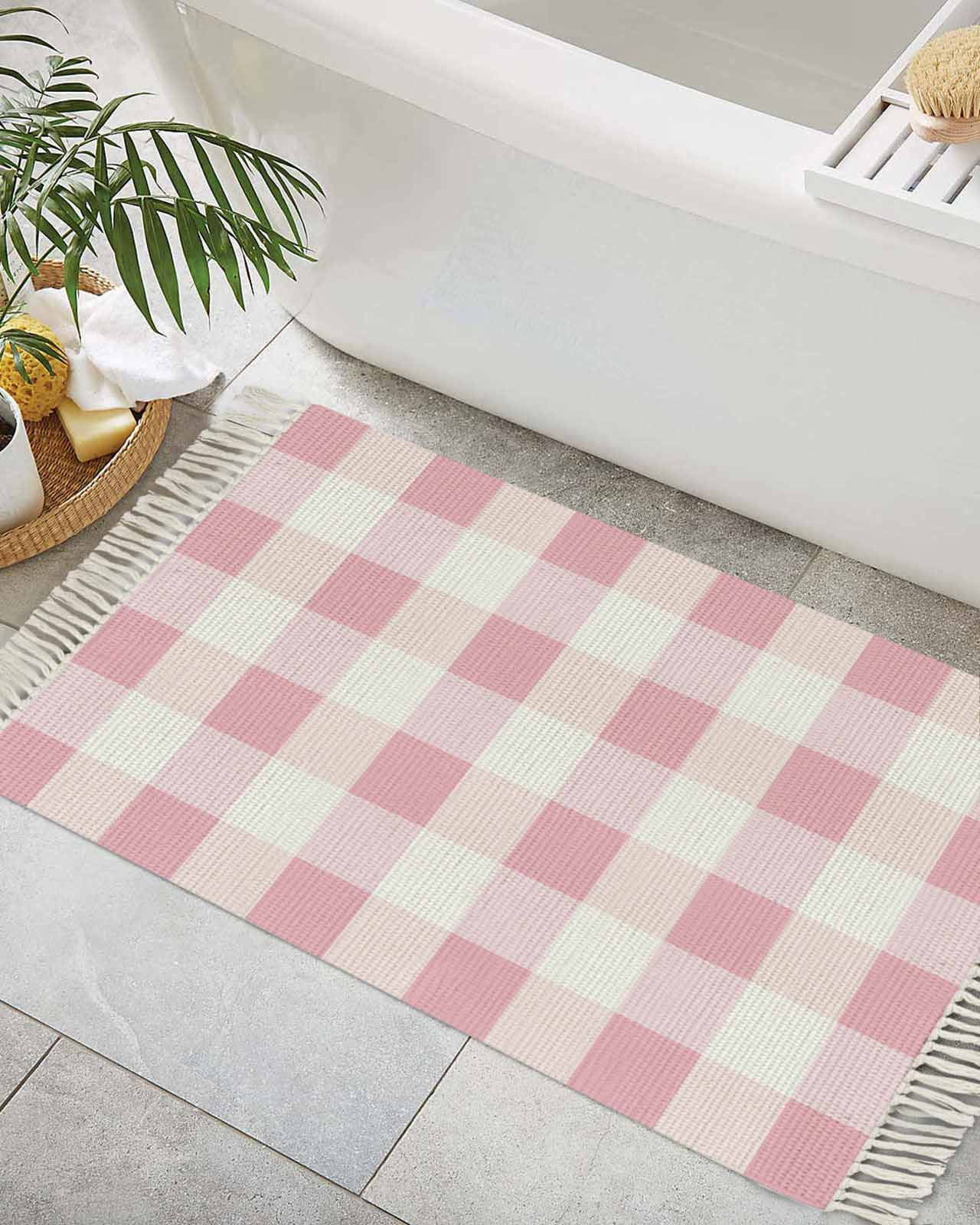 Pink White Plaid Bath Rug 2x3ft Woven Bathroom Entryway Runner Rug,Buffalo Pastoral Check Geometr... | Walmart (US)